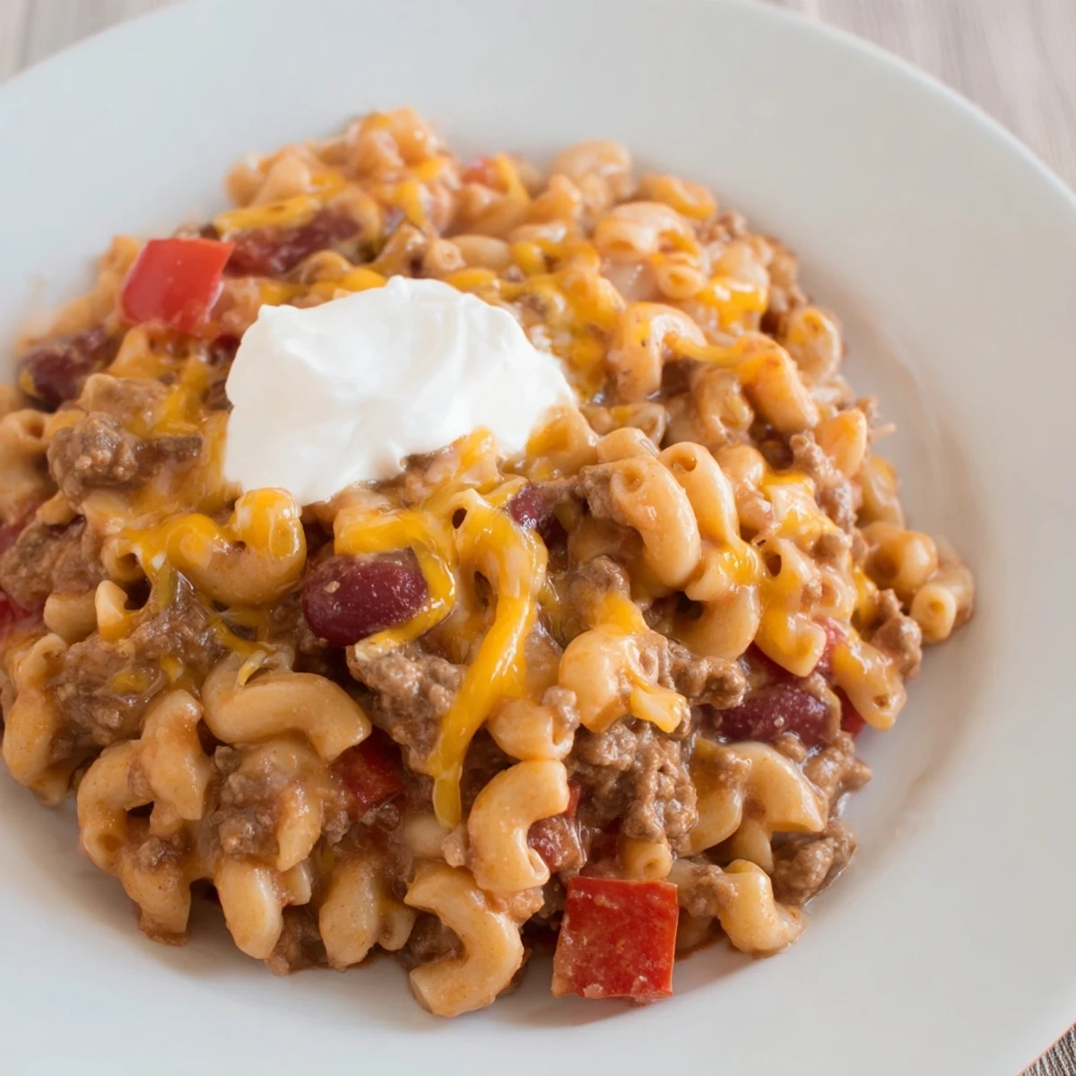 A steaming bowl of comforting One-Pot Chili Mac, a perfect family-friendly American classic for tonight.