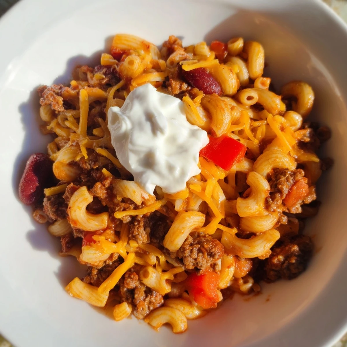 Homemade One-Pot Chili Mac bubbling with savory spices, vegetables, and tender elbow macaroni.