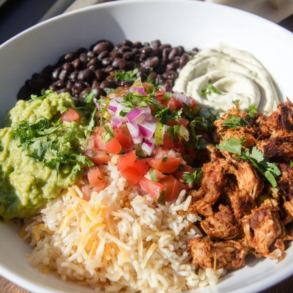 A flavorful Chipotle Burrito Bowl copycat with tender, slow-cooked carnitas and creamy queso.