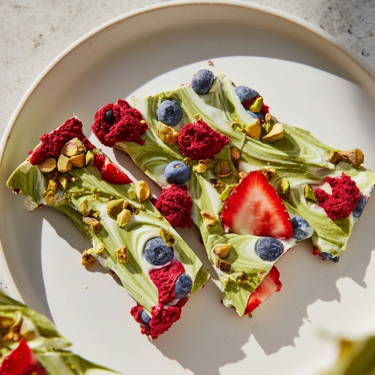 Creamy frozen yogurt bark swirled with vibrant berries and pistachios, a delicious dessert.