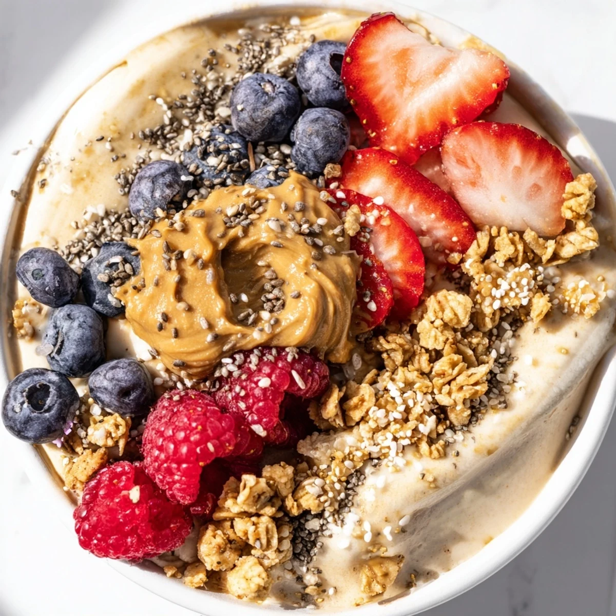 Enjoy a delicious Protein Ice Cream Bowl topped with fresh berries and crunchy granola.