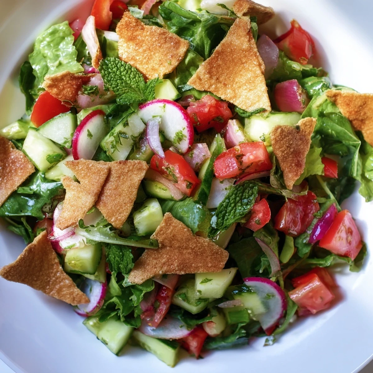Fresh Lebanese Fattoush Salad with vibrant colors and crispy pita chips, ready to eat!