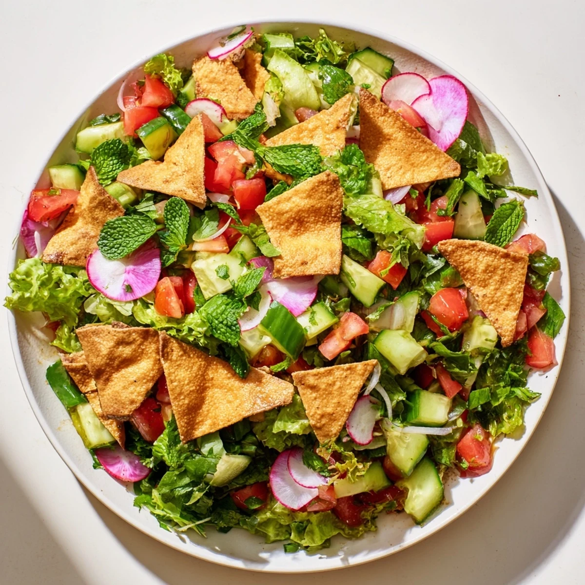 Perfectly plated Lebanese Fattoush Salad, a refreshing vegetarian salad with bright, fresh flavors.