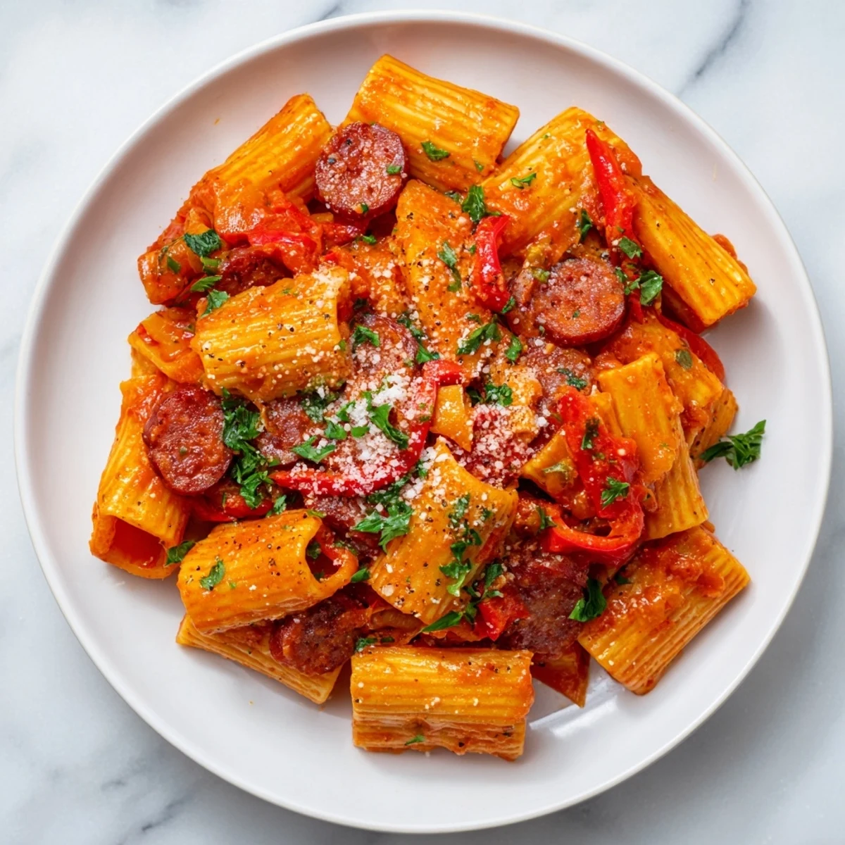 Close-up of savory Spanish chorizo pasta, showcasing the rich colors and textures of the dish.