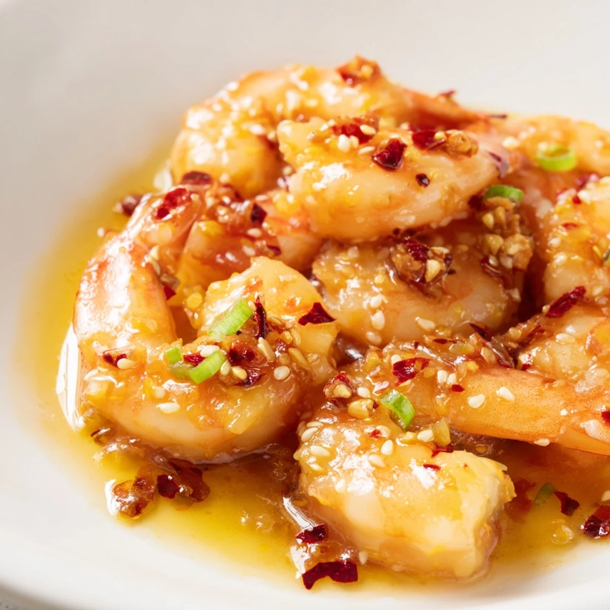 Freshly cooked Korean Garlic Butter Shrimp, a spicy, savory dish, served with lemon wedges.