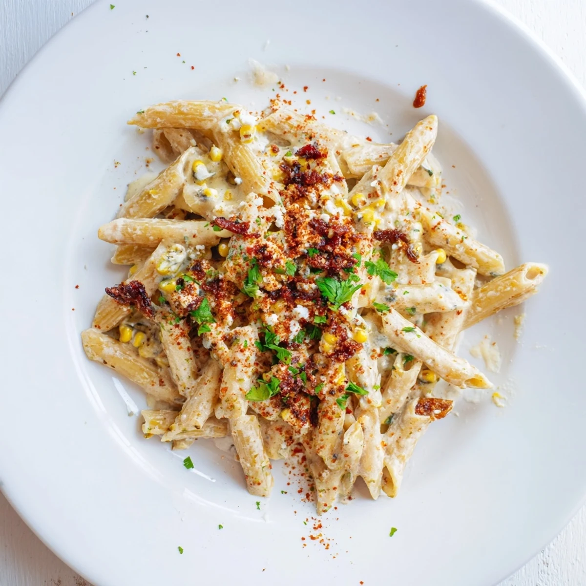 A bowl of delicious Mexican Street Corn Pasta, featuring tender pasta coated in a creamy sauce and cotija cheese.