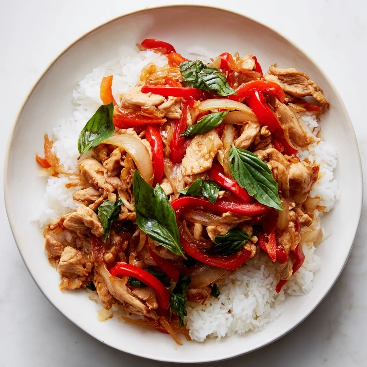 Steaming Thai Basil Chicken Bowls with fresh basil garnish, ready to eat and enjoy.