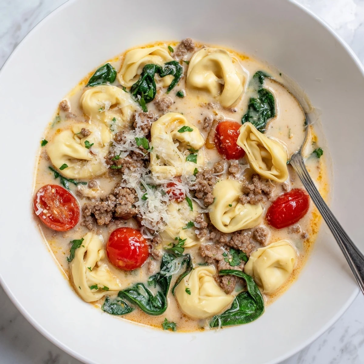 Steaming bowl of Tortellini Beef Soup, brimming with cheese tortellini, ground beef, and fresh herbs.