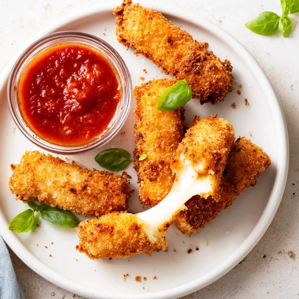 Golden-brown air fryer mozzarella sticks, perfect for dipping in warm marinara sauce.