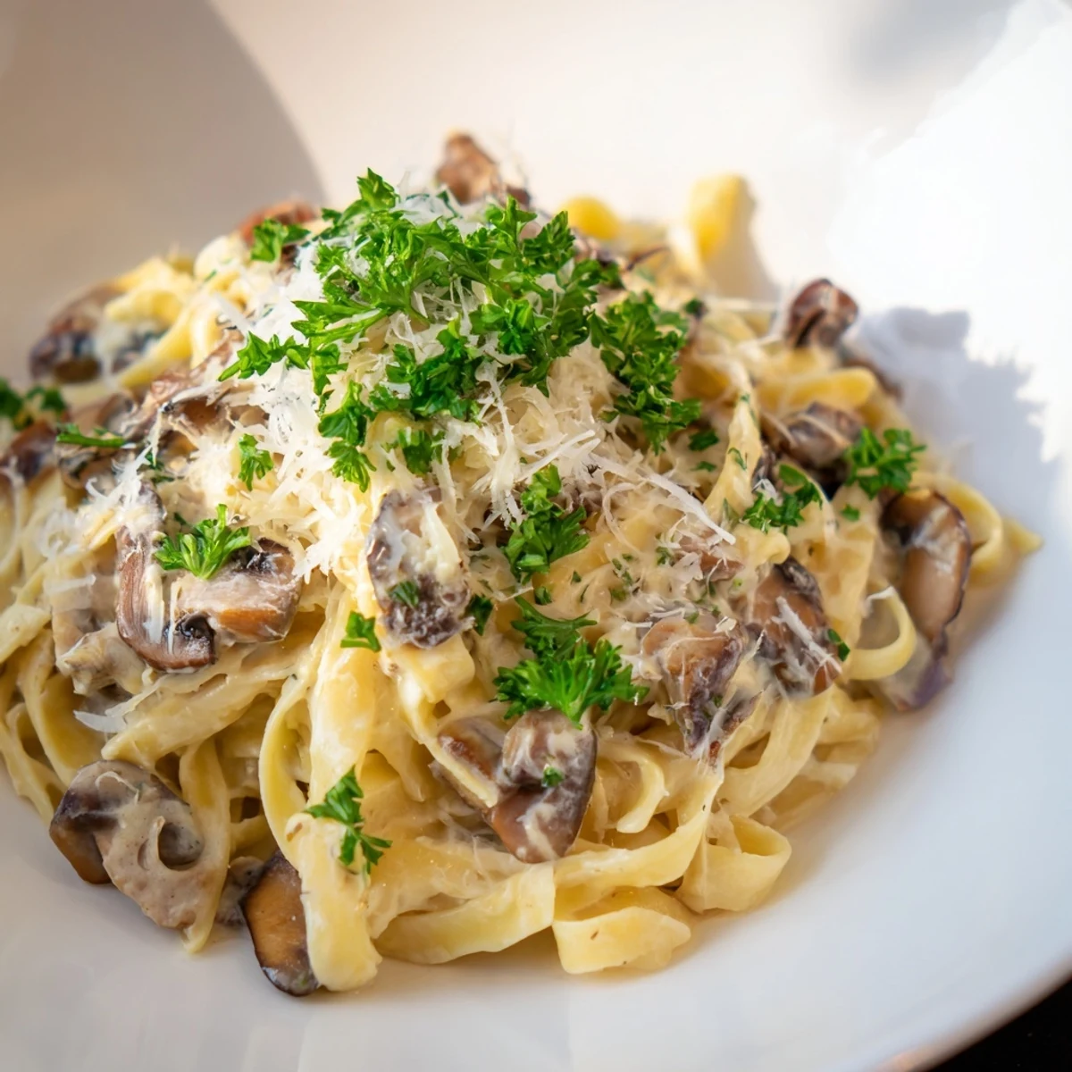 Creamy Mushroom Alfredo pasta with sautéed mushrooms and garlic in a luscious parmesan sauce, garnished with fresh parsley.