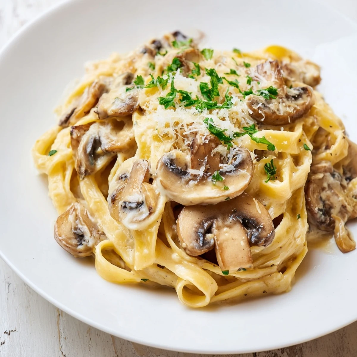 A close-up of creamy mushroom Alfredo, the fettuccine noodles twirling with golden, sautéed mushrooms and fresh parsley.
