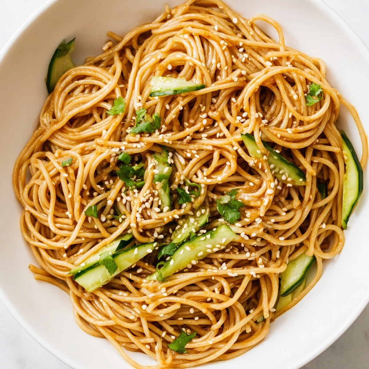 Close-up of Spicy Sesame Noodle Salad revealing glossy noodles mixed with julienned cucumber and herbs, ideal for a light meal.