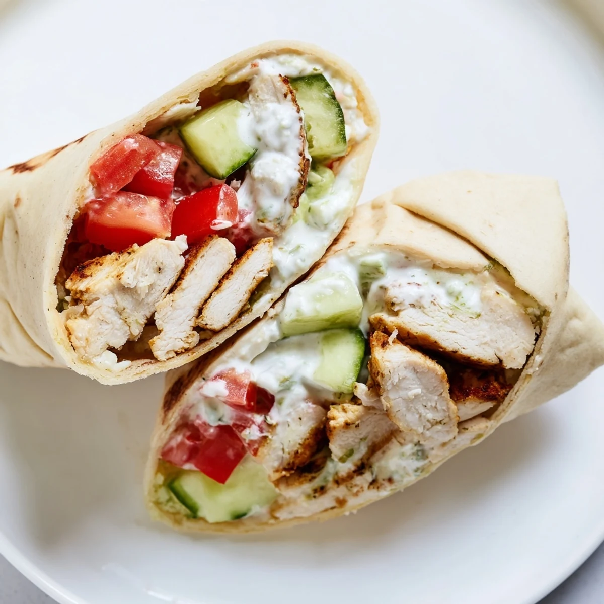 A delicious Greek Chicken Wrap, featuring juicy chicken and crisp cucumber in a warm pita.