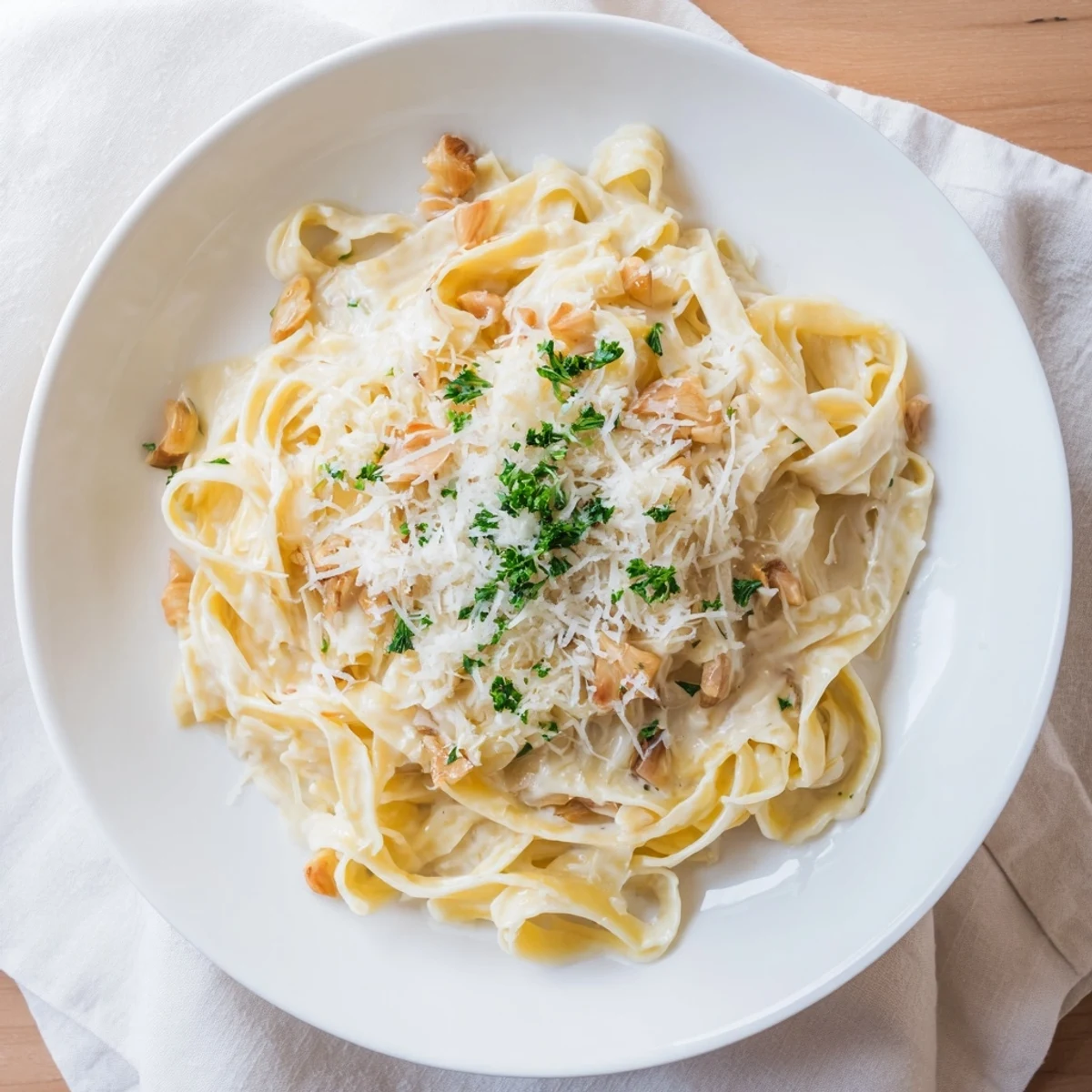 Golden roasted garlic pasta in a creamy sauce, served in a rustic white bowl.