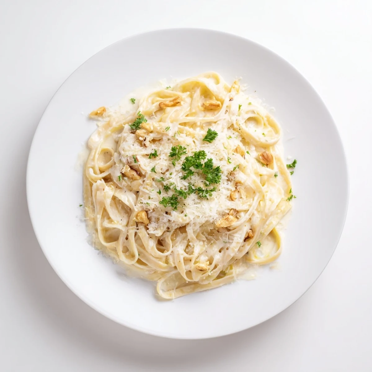 Fettuccine in a silky roasted garlic cream sauce, garnished with Parmesan on a wood table.