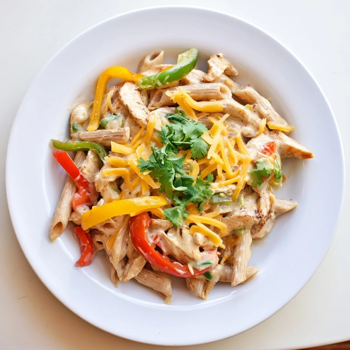 Golden-brown Chicken Fajita Pasta Skillet served in a skillet, featuring penne pasta, peppers, onions, and melty cheddar cheese.