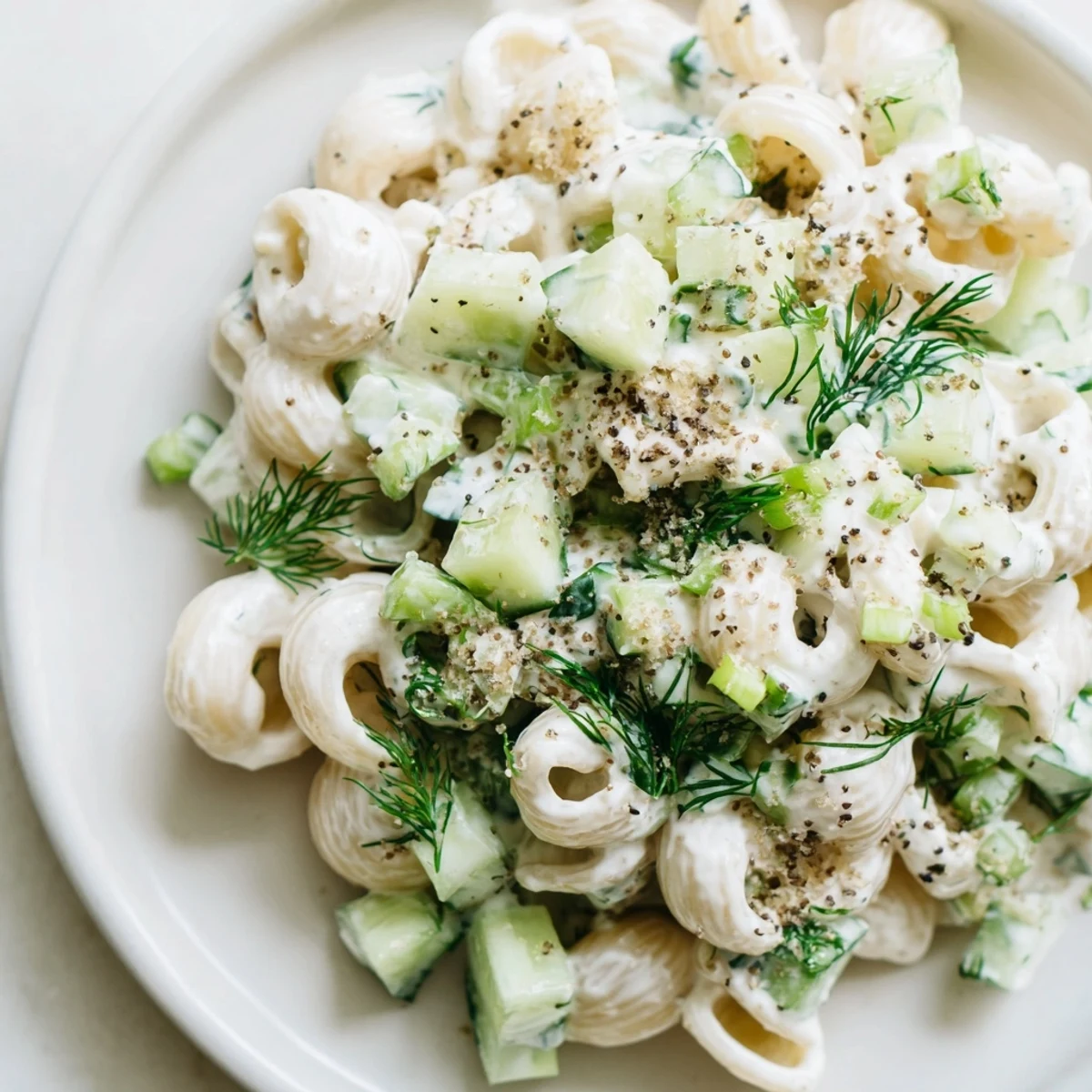 Creamy cucumber crunch pasta salad with tender shells, crisp cukes, and dill, topped with everything bagel seasoning for a perfect summer side.