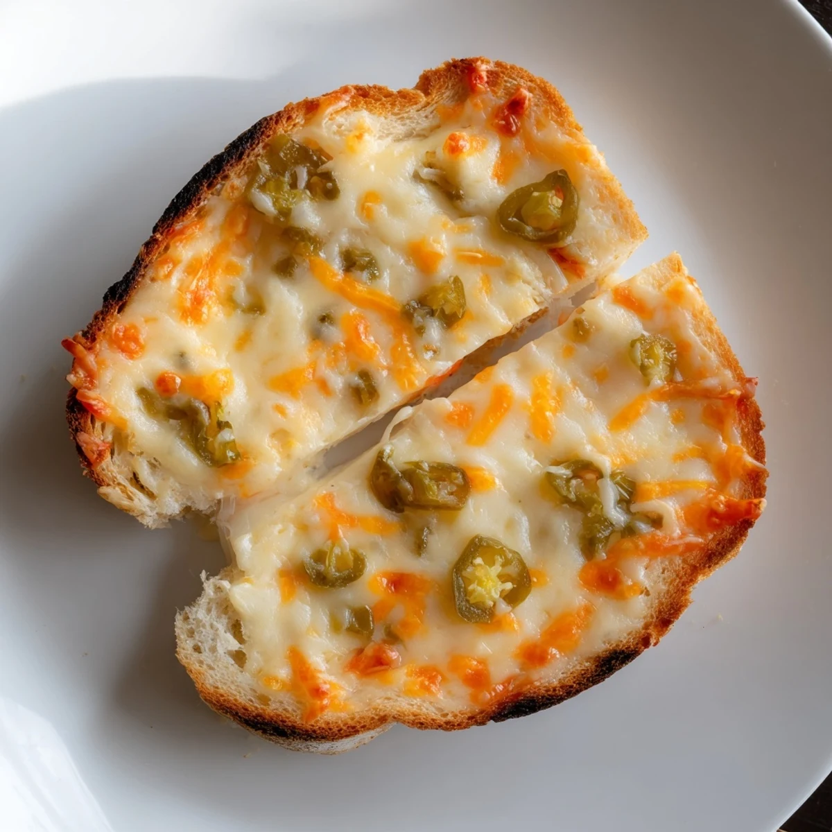 Golden-brown Jalapeño Pepper Jack Grilled Cheese oozing melted cheese and pickled jalapeños on a plate.  