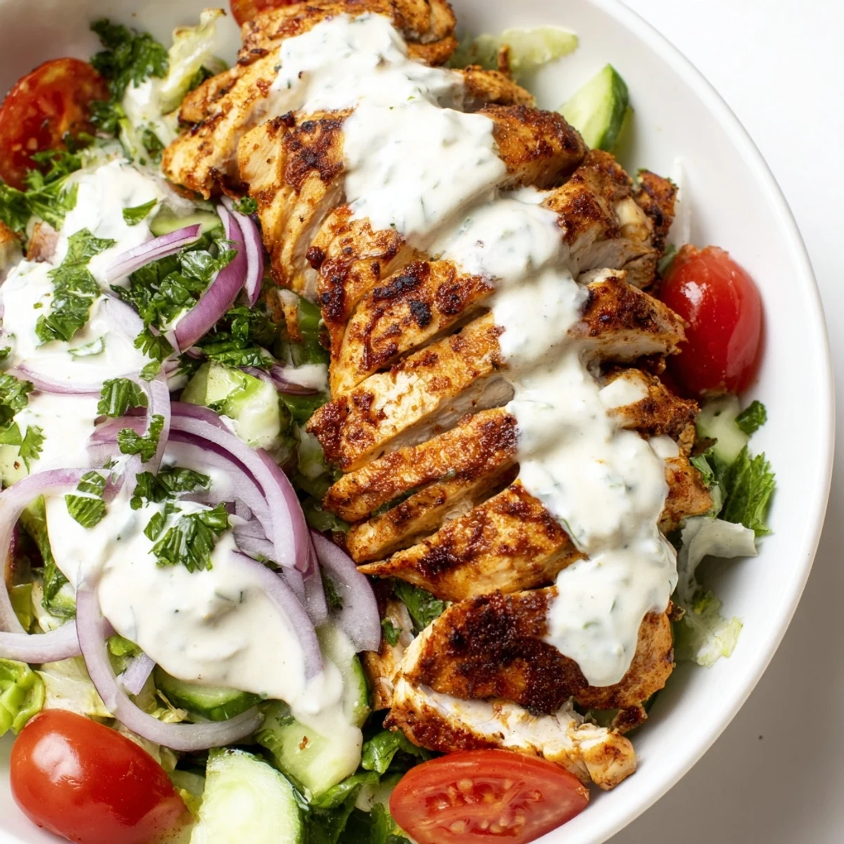 Bright Middle Eastern chicken shawarma salad bowl topped with fresh veggies and creamy yogurt garlic sauce.