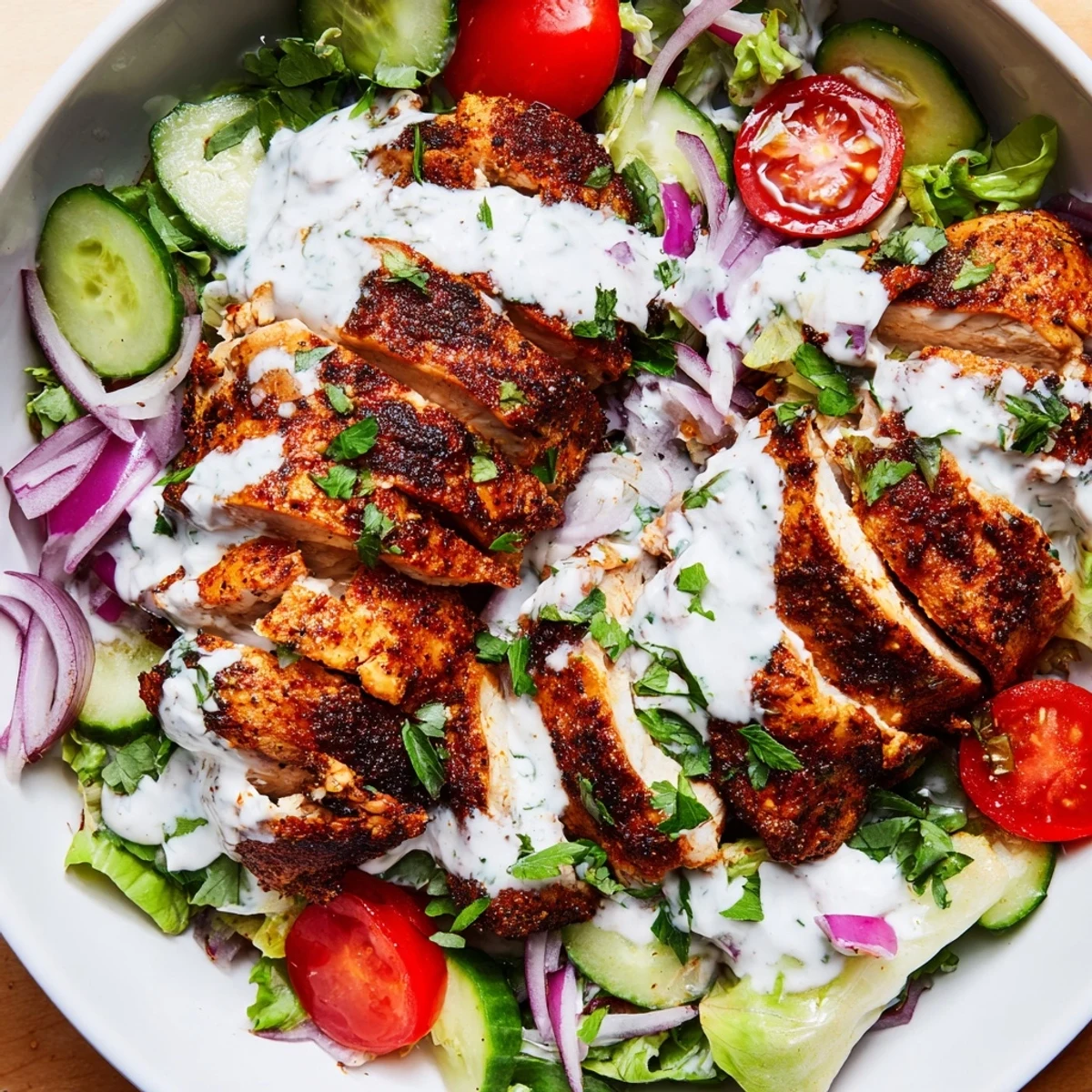 Hearty chicken shawarma salad bowl featuring golden seared chicken over greens, cucumbers, tomatoes, and tangy sauce.