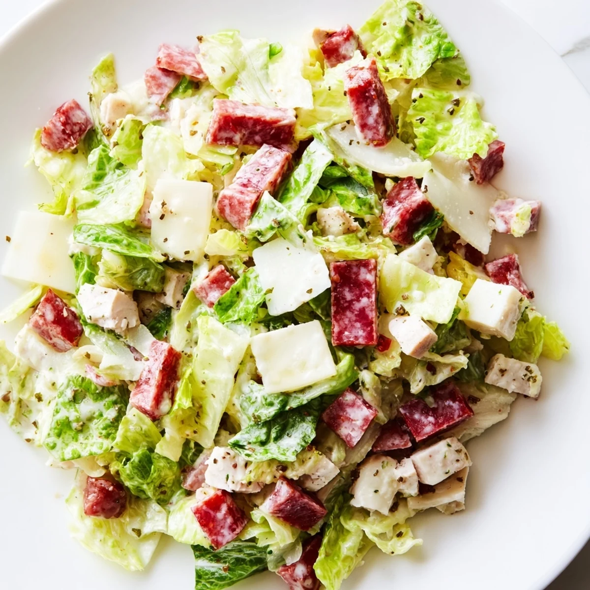 A close-up of the vibrant Italian Deli Chopped Chicken Salad, featuring crisp romaine, chopped chicken, salami, provolone, and pepperoncini tossed in a tangy herb dressing.
