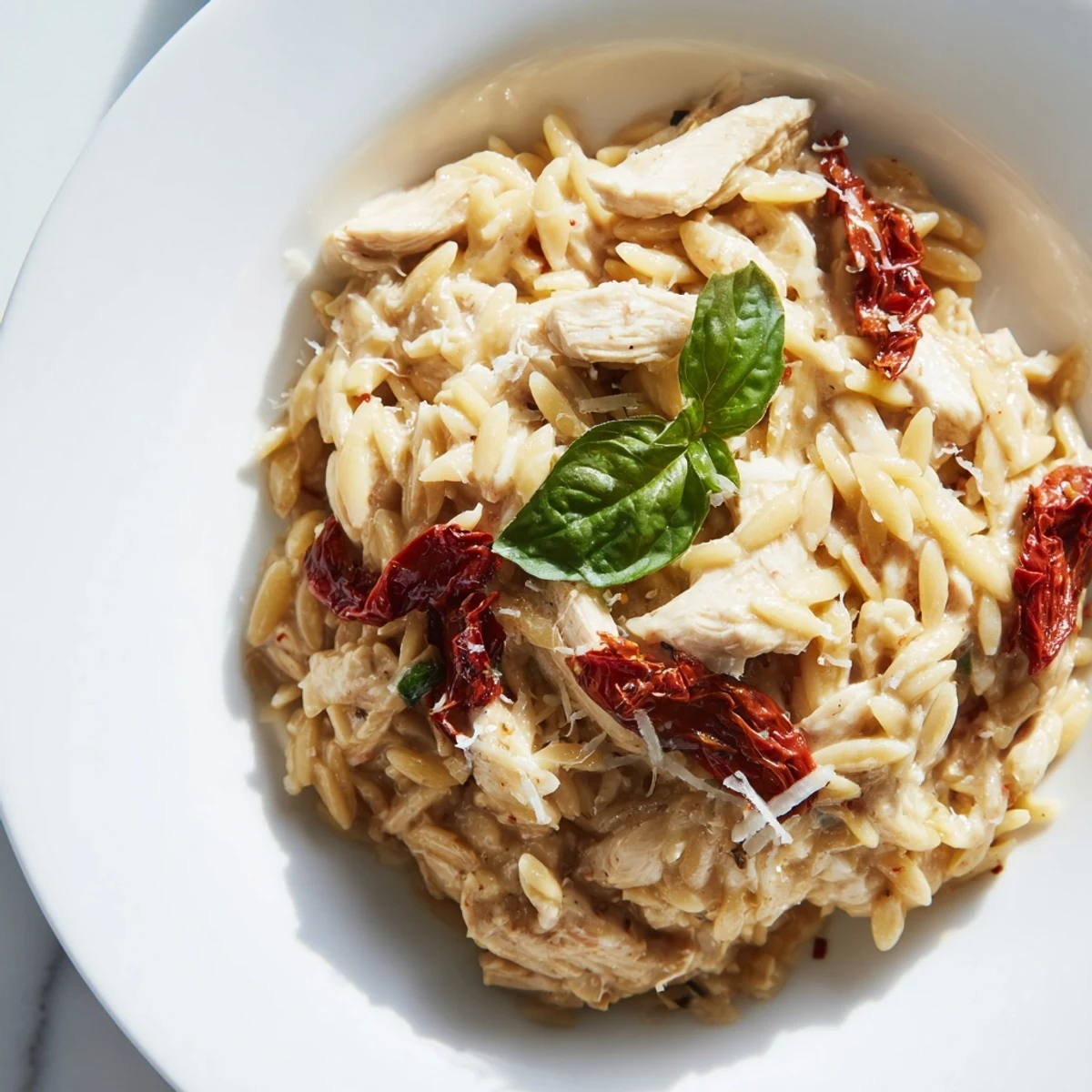 Close-up of creamy Tuscan Chicken Orzo, featuring tender chicken pieces, chopped spinach, and vibrant sun-dried tomatoes in a rich sauce.