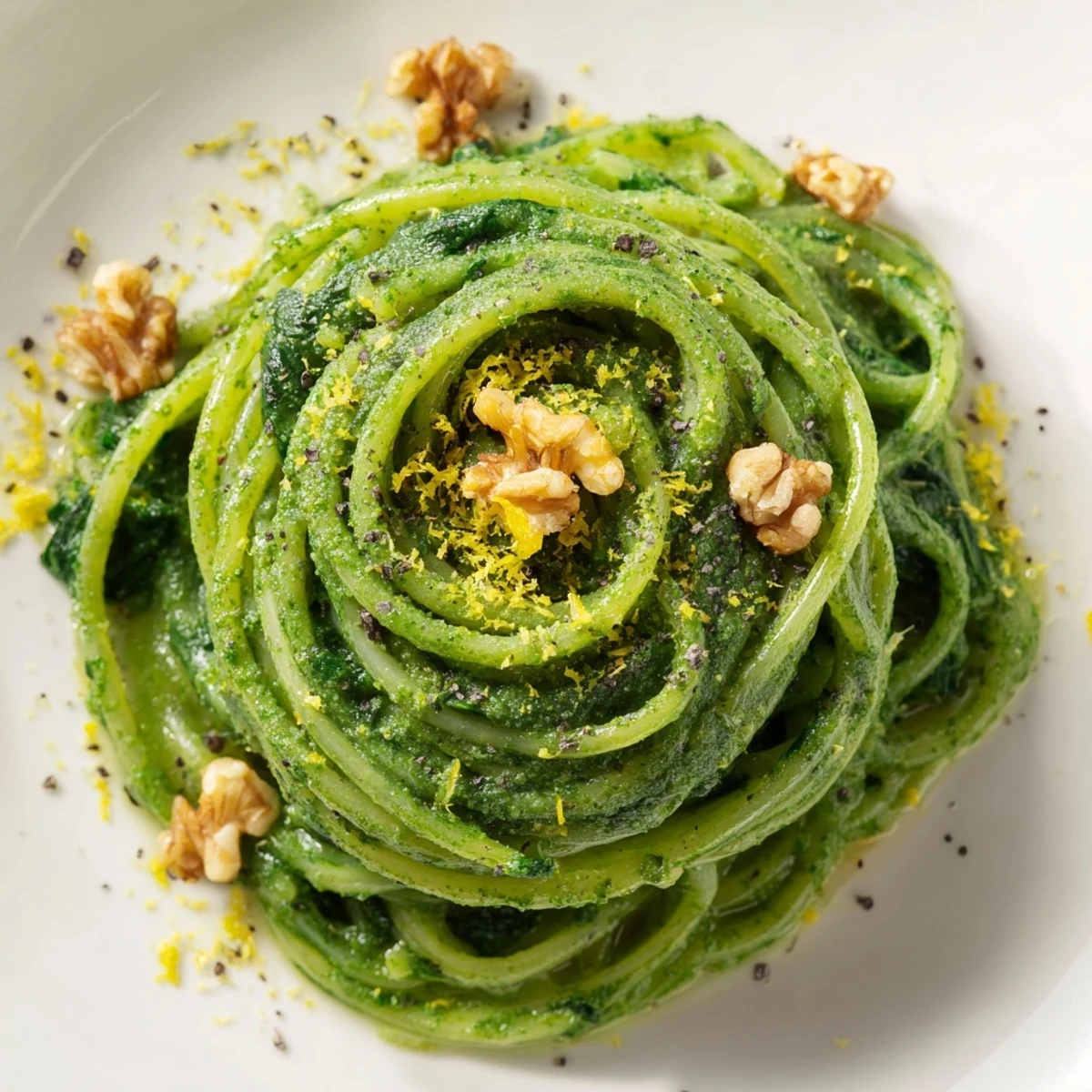 Creamy Spinach Walnut Pasta is tossed in a vibrant green sauce, garnished with toasted walnuts and fresh lemon zest.