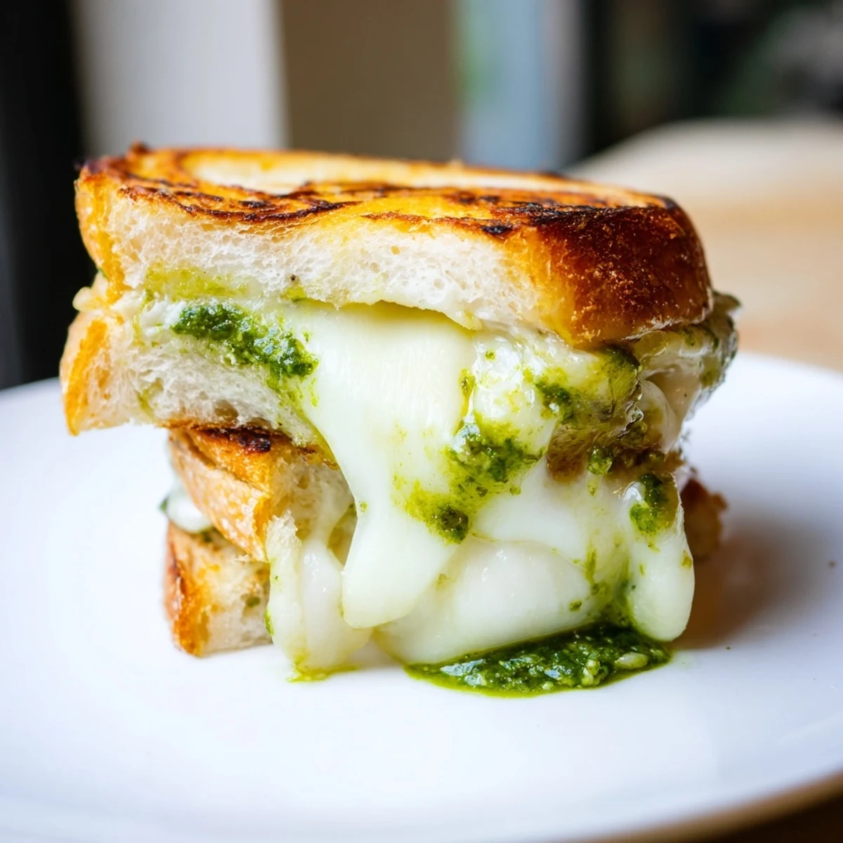 Fresh basil pesto and sharp cheddar enrich this savory sourdough pesto grilled cheese, grilled to crisp perfection.