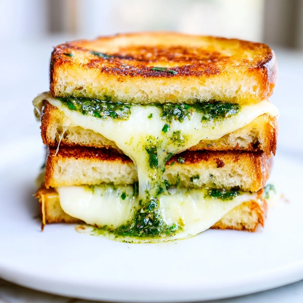 Buttery, toasted sourdough slices hold a trio of melty cheeses and basil pesto in this vegetarian sourdough pesto grilled cheese.