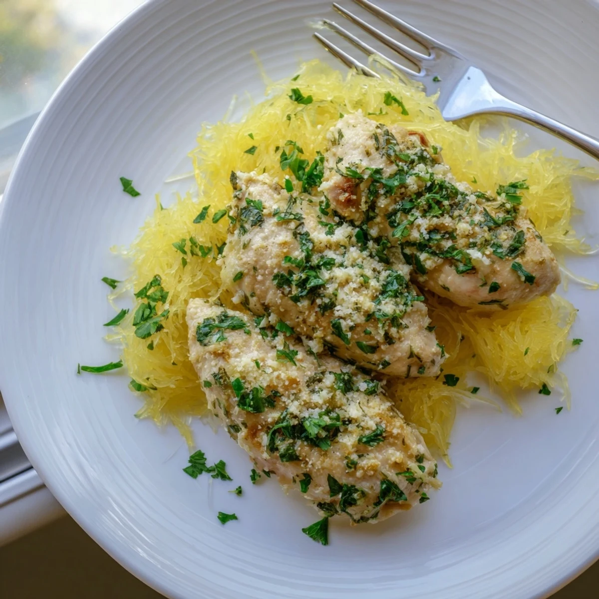 Healthy spaghetti squash bowl with juicy chicken thighs, zesty lemon sauce, and a side of fresh lemon wedges.