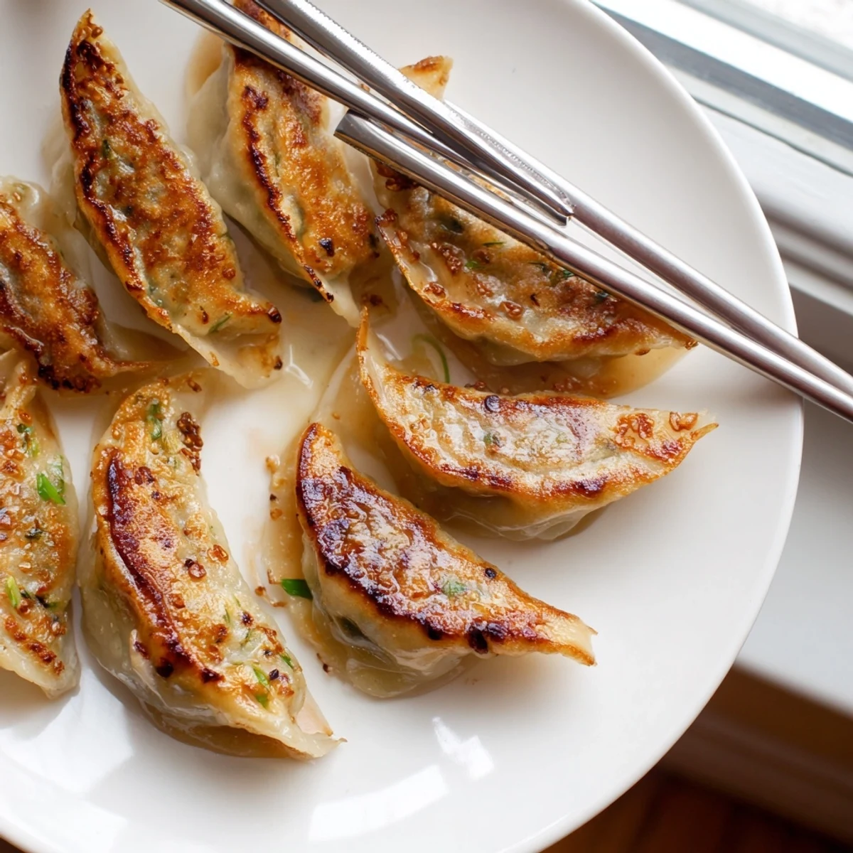 A close-up of smashed gyozas with a golden, crispy bottom and juicy pork and cabbage filling, ready to be dipped in chili oil and soy sauce.  