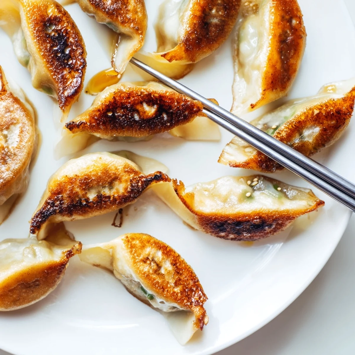 Freshly cooked smashed gyozas are arranged on a plate, garnished with green onions and sesame seeds, perfect for a quick weeknight appetizer.