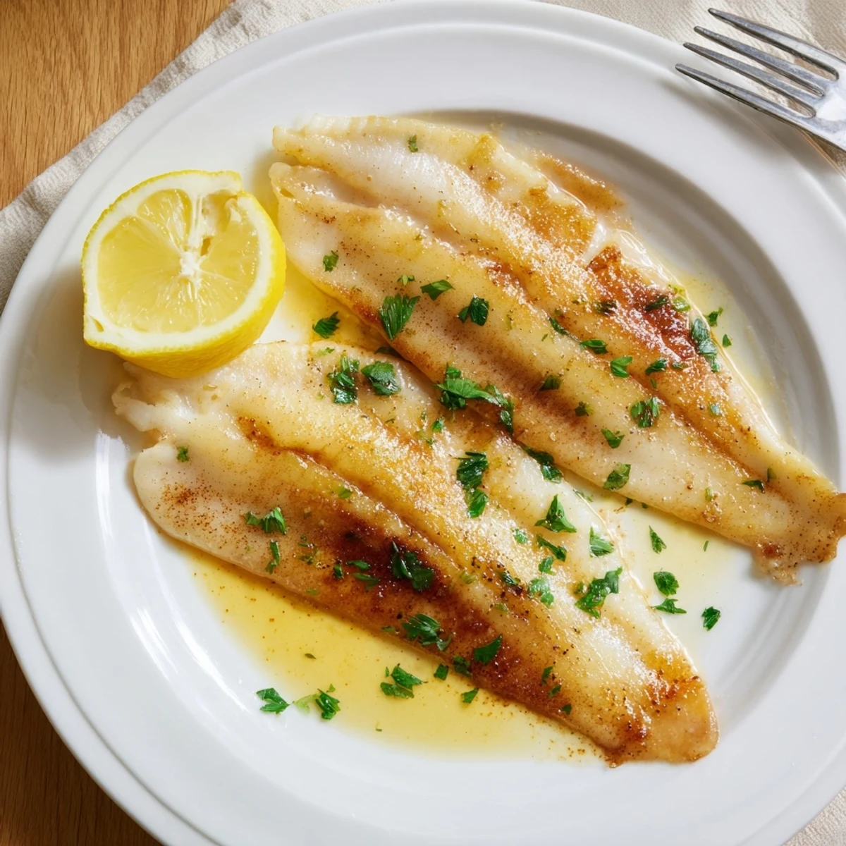 Flounder meunière plated with a drizzle of nutty brown butter and chopped parsley, ready to enjoy.