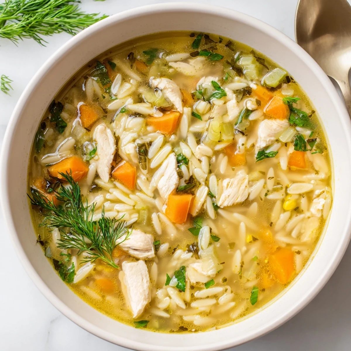 Overhead view of Chicken Lemon Orzo Soup in a rustic bowl with crusty bread.