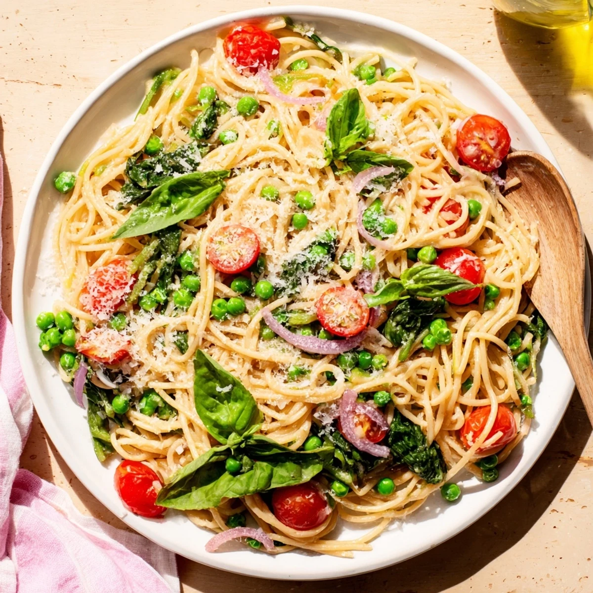 Bright green peas and halved cherry tomatoes cook with spaghetti in a single pot, ready to serve with fresh basil and Parmesan.