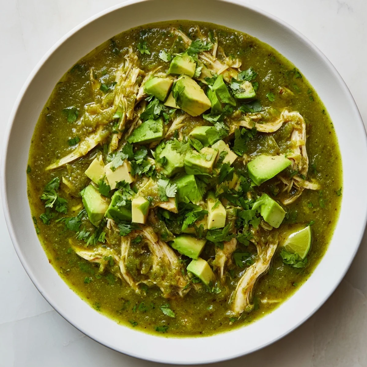 A close-up of Chicken Chili Verde in a white bowl, garnished with diced avocado, sliced radishes, and lime wedges.