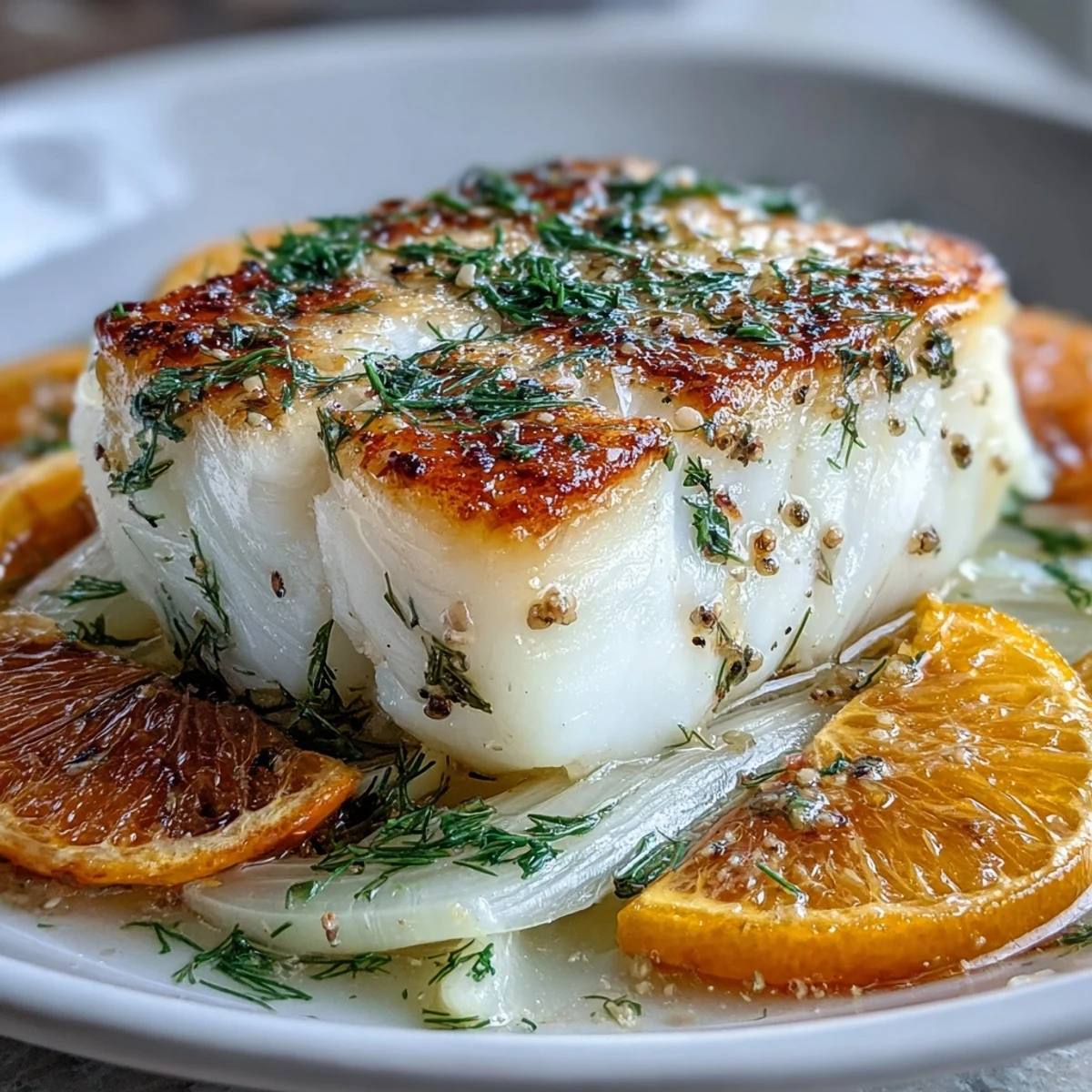 Poached cod with fennel and orange, a light and fragrant Mediterranean dish.