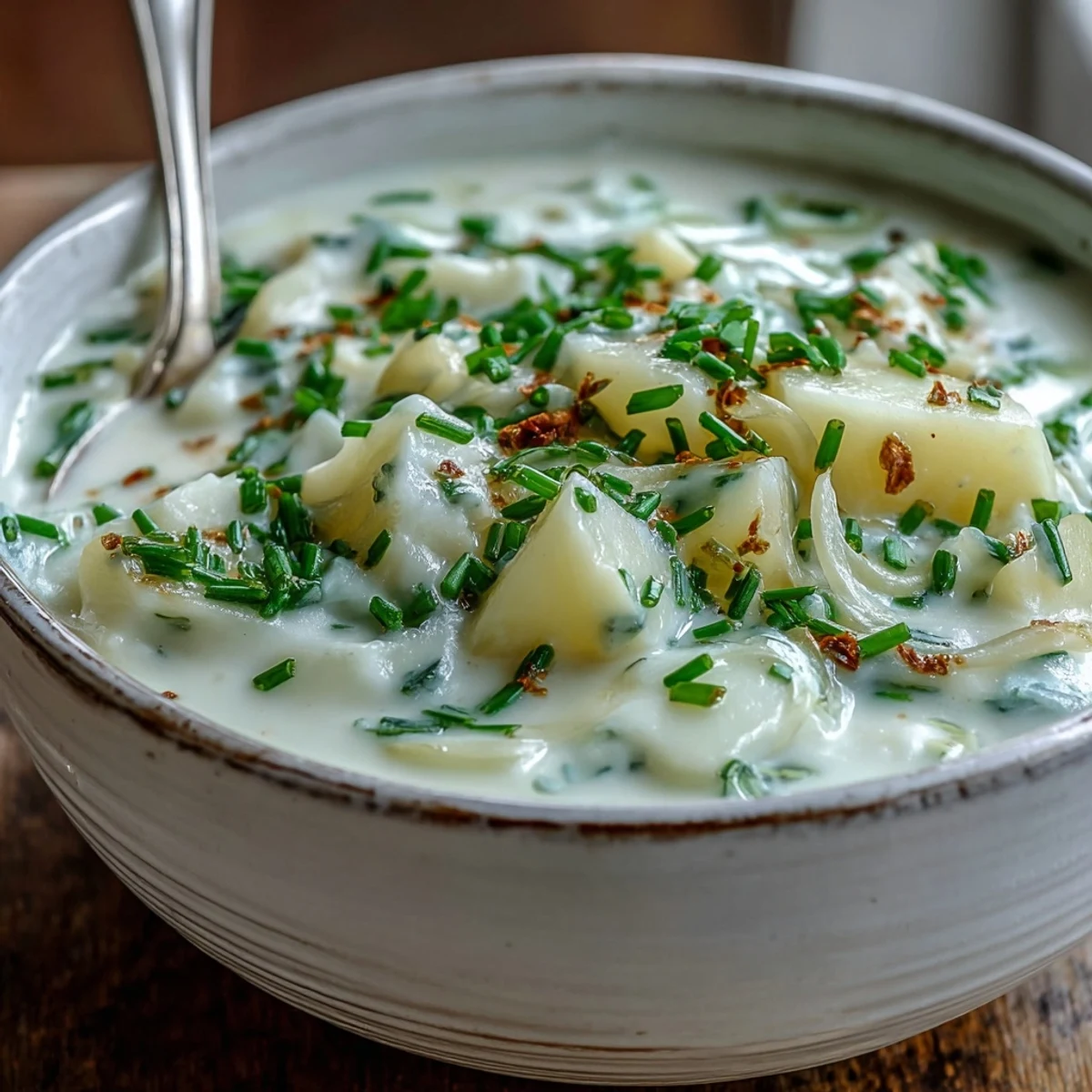 Creamy Potato Leek Soup in a rustic bowl, topped with fresh chives and crisp bacon bits, ideal for cozy dinners.