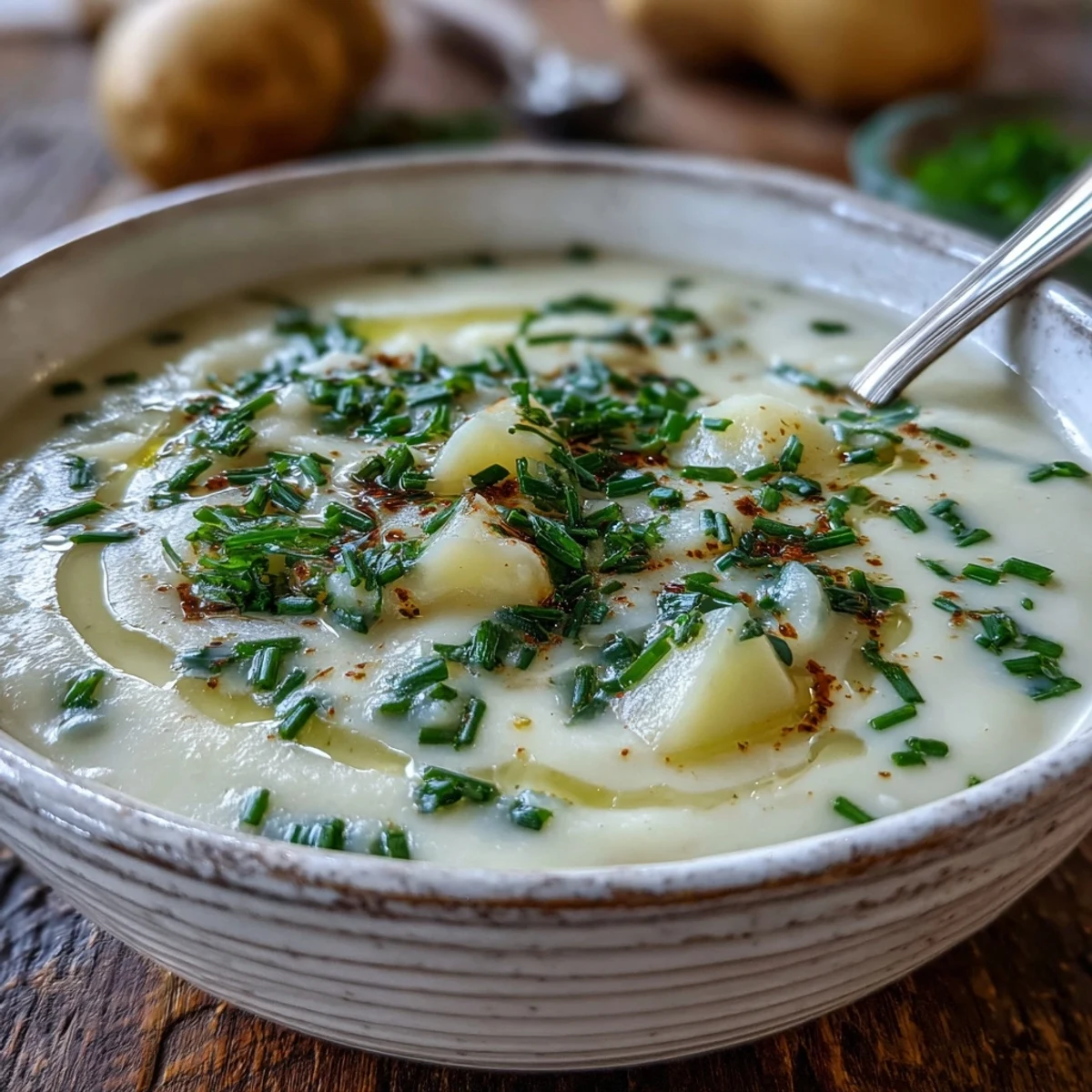 Silky blended Potato Leek Soup with golden crusty bread, perfect for a comforting French-inspired lunch or dinner.