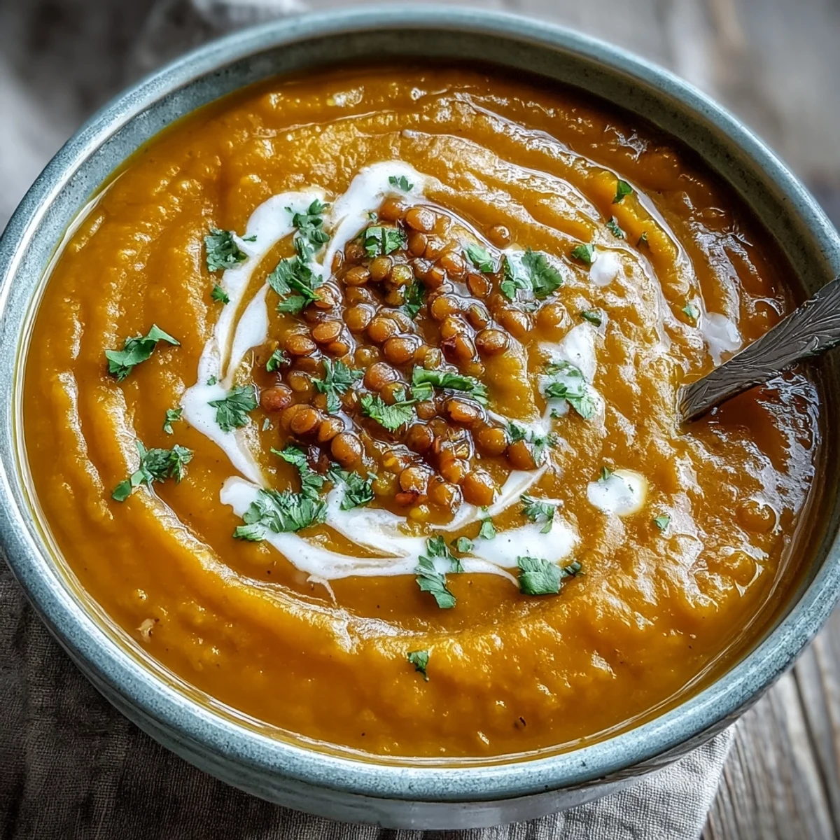 Creamy Carrot and Lentil Soup served in a rustic white bowl with a swirl of coconut cream and fresh parsley. 