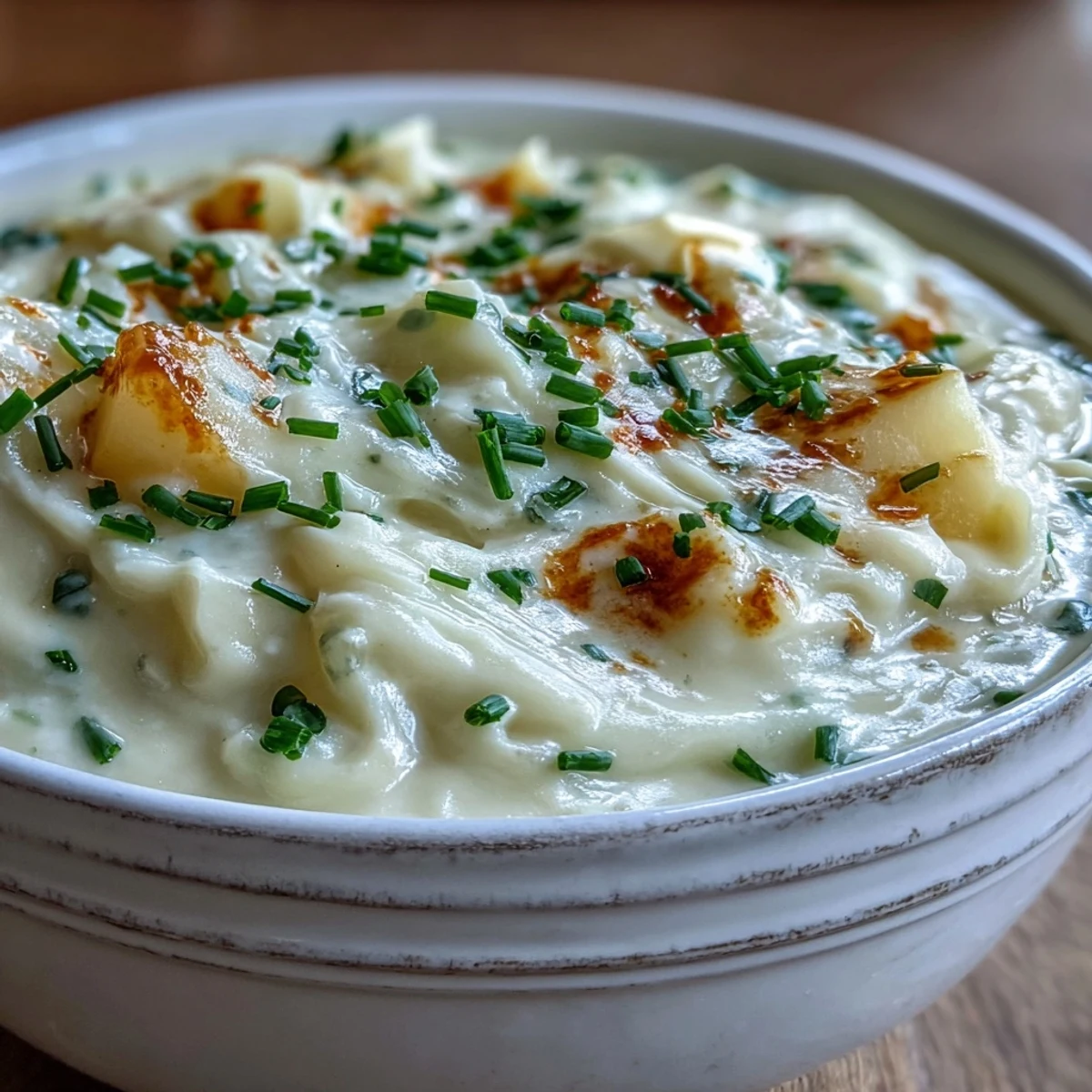 Creamy Cream of Potato Soup steaming in a rustic bowl, topped with chives and bacon, served with crusty bread.