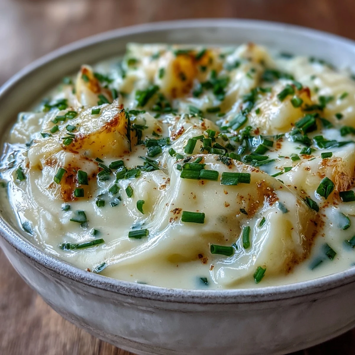 A ladleful of Cream of Potato Soup with velvety texture, poured from a pot into a white ceramic bowl.