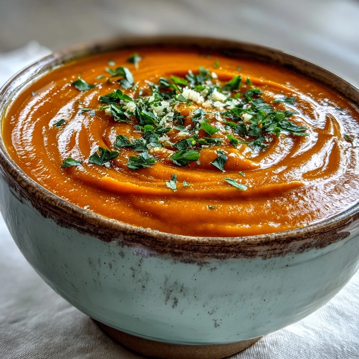 Creamy Carrot Ginger Soup served hot in a white bowl, topped with fresh cilantro and a coconut milk swirl.