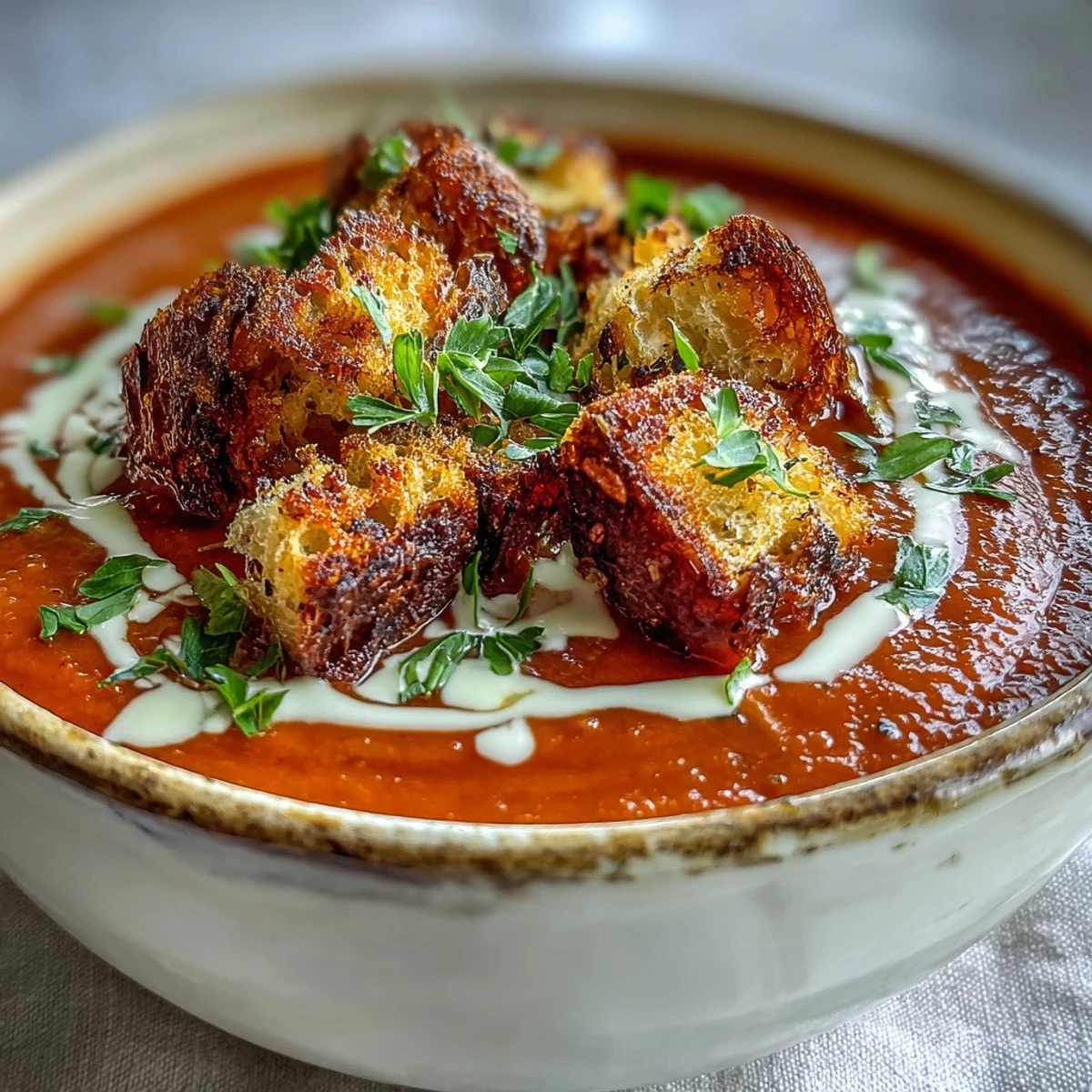 A bowl of velvety Roasted Red Pepper Soup topped with golden, crunchy croutons and fresh herbs.