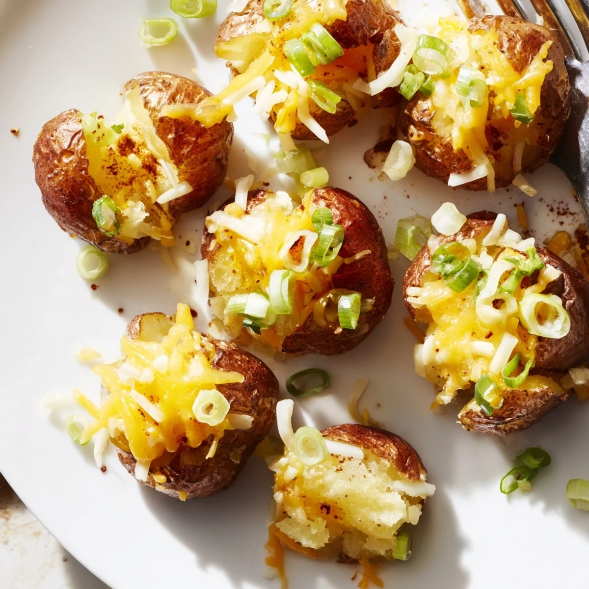 Crispy smashed green onion potato bombs topped with melted cheese and fresh herbs.  