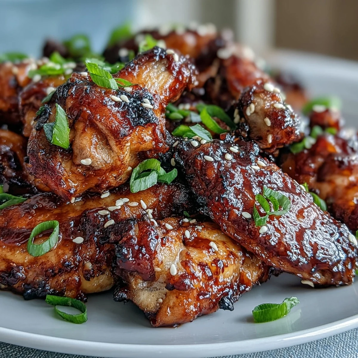 Coca Cola Chicken Wings glistening with sticky brown glaze, garnished with sesame seeds and scallions.