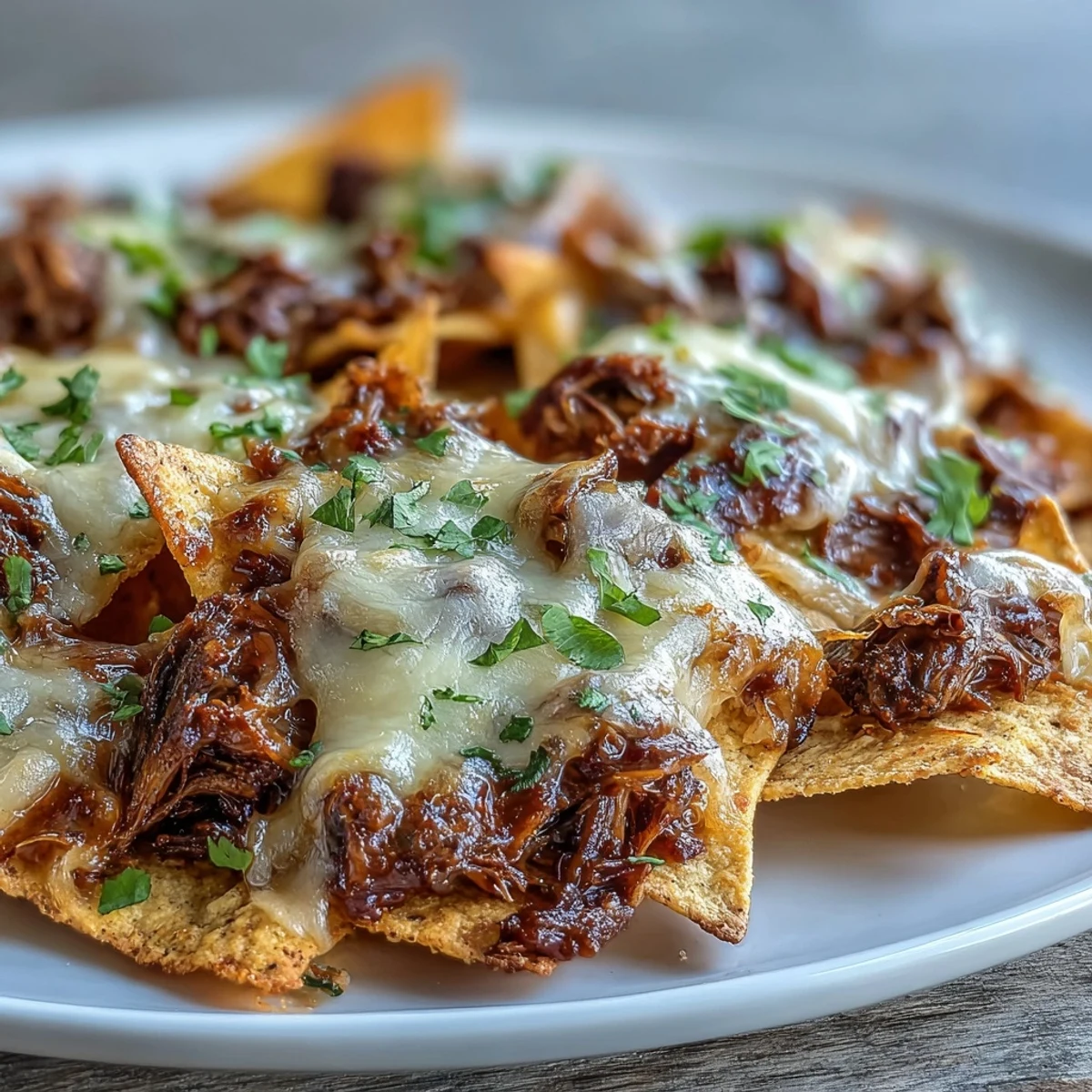 Smoky BBQ beef and melted cheese top a platter of crispy tortilla chips, served with sour cream and jalapeños.