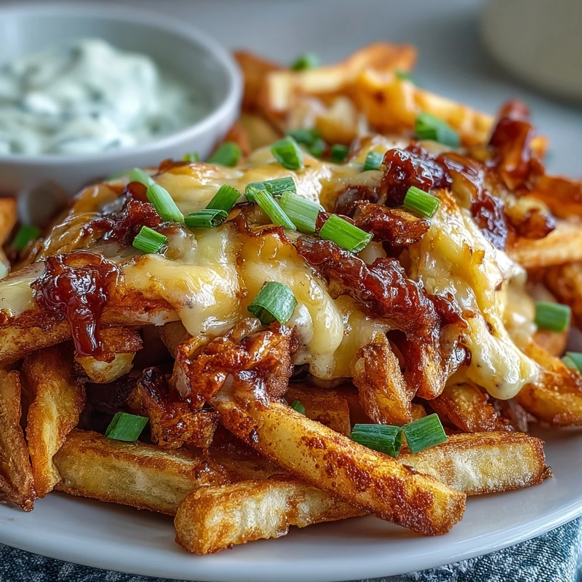 Cheesy BBQ Fries with Ranch Dip topped with melted cheddar and fresh green onions.