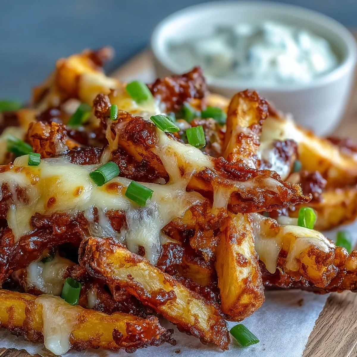 Homemade ranch dip alongside Cheesy BBQ Fries, served hot on a platter for sharing.