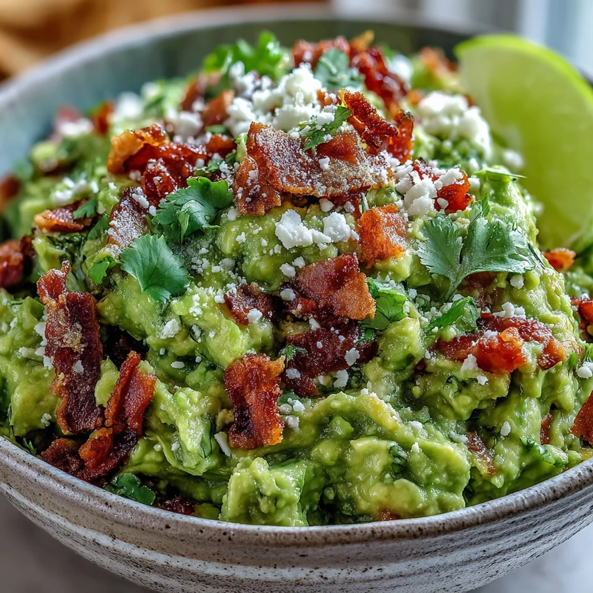 Mashed ripe avocados mixed with red onion and jalapeño, topped with bacon bits and Cotija for a smoky dip.